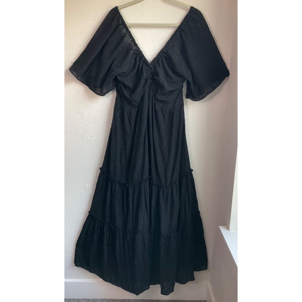 New n/Tags Anthropologie Sz XL Tiered Maxi Dress Textured Back Bow Cut Out Black